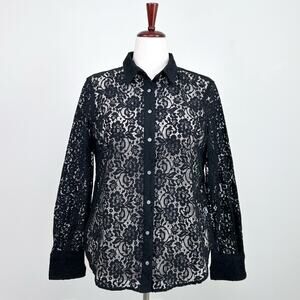 J. Crew Sheer Floral Lace Black Classic Button-Up Long Sleeve Shirt NWT